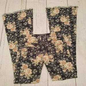 Free People Floral Checkered Flare Jeans - Black and Cream